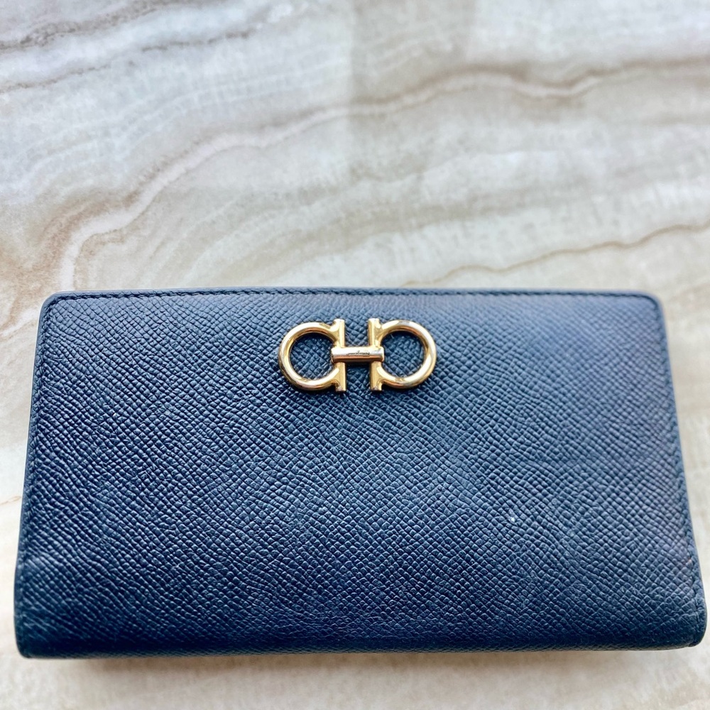 Salvatore Ferragamo Black Wallet with Gold Accent - Gancini Continental Wallet